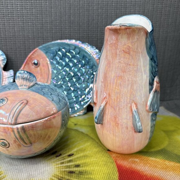 Vintage Rare 10 piece MCM Henriksen Majolica Fish Sculpture Iridescent Jug Pitch - Picture 7 of 12